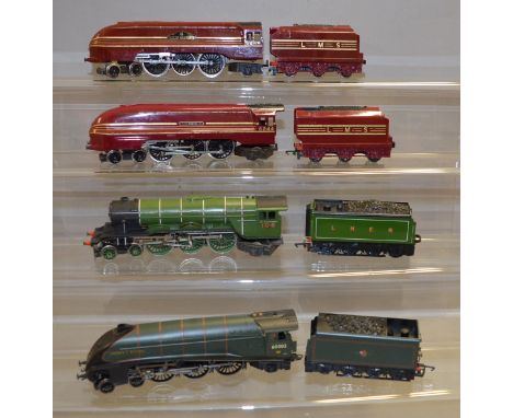 OO gauge. Four unboxed Hornby locomotives, all with changed nameplates: 4-6-2 BR green 'Andrew K. McCosh'; 4-6-2 LNER green '
