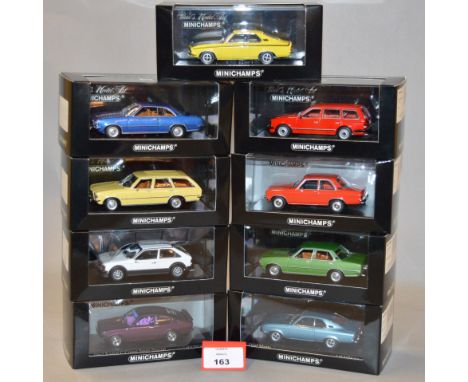 Minichamps. Nine Opel diecast model cars in 1:43 scale including Ascona, Manta SR, Rekord (Saloon, Coupe and Caravan versions