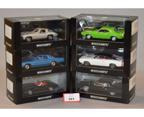 Minichamps. Six diecast model cars in 1:43 scale including Chevrolet Corvette Stingray Sport Coupe and Convertible versions, 