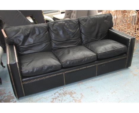 SOFA, three seater, black leather, with polished studs, 82cm H x 89cm D x 200cm L. (with faults) 