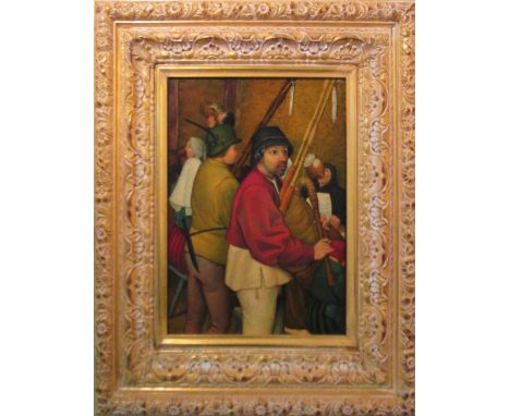 R PASTOR after Pieter Breughel " Inn Interior with Minstrel and Other Figures"  oil on canvas, 40cm x 30cm, (Fiamongo falso d