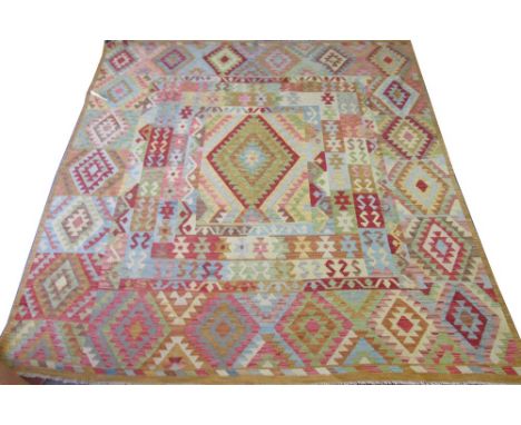PERSIAN KILIM CARPET, 290cm x 265cm, of central diamond medallion in fusion of contemporary colours. 