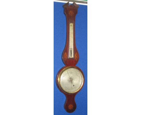 WHEEL BAROMETER, late George III mahogany and inlaid with silvered dial and thermometer, (to be sold on behalf of the Biodyna