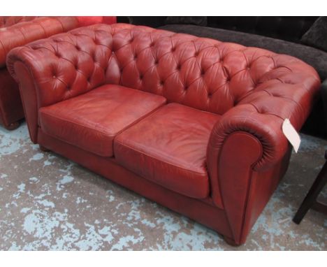 CHESTERFIELD SOFA, two seater, tan buttoned leather, 74cm H x 93cm D x 160cm W. 