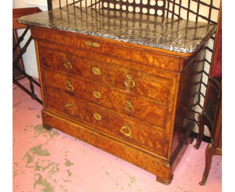 COMMODE, Louis Philippe burr walnut with a marble top above five drawers, 94cm H x 124cm W x 58cm D. 