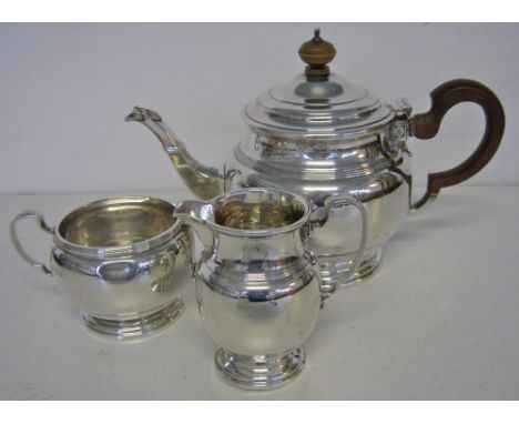 SILVER TEA SERVICE, three piece, Birmingham 1926, makers Mappin & Webb, total weight 22.3ozt. (3) (with faults, with dents to