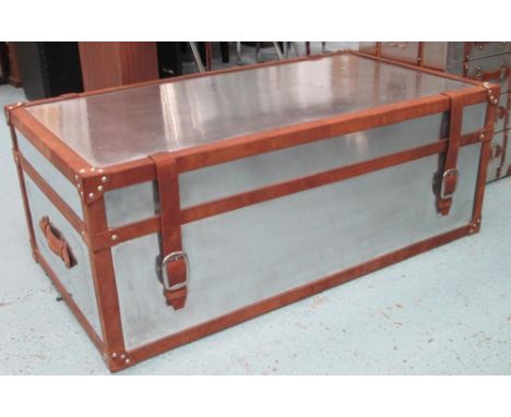 ALUMINIUM TRUNK, fitted opposing end drawers, leather bindings and straps, 107cm W x 59cm D x 41cm H. 
