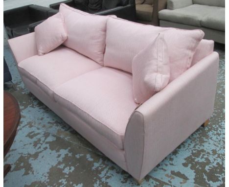 HEALS SOFA, large two seater, in salmon fabric, herringbone design, on square supports, 220cm L.