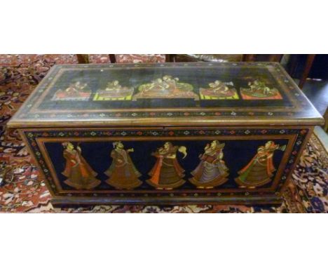 trunk, Indian, with a rising lid and painted figural detail, hardwood, 47cm D x 52cm H x 107cm W. 
