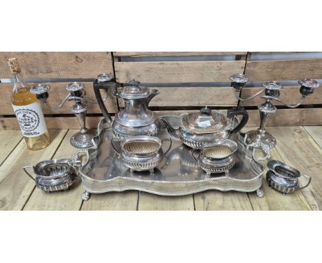A Collection of silver plated ware; Large Silver plated Butlers serving tray, silver plated candelabras, silver plated tea se