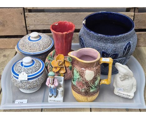 A Tray of Scottish Pottery &amp; collectables; Scottish Glasgow Verreville lidded pots, Majolica milk jug, W.J.A Bailey Alloa