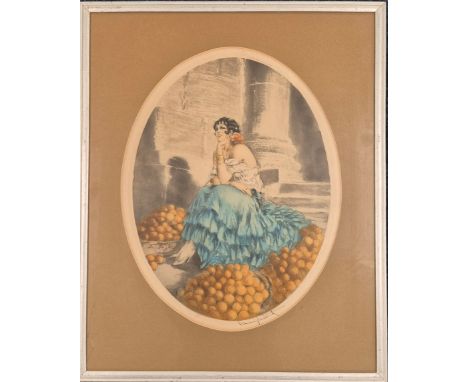 Louis IcartColoured etching titled "Orange Seller" Signed by the artist. Copyright 1929. [Frame- 67x55cm]