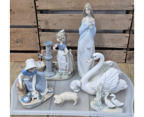 A Tray of Spanish Nao figures &amp; Royal Dux Small pig figure[as found] ; Large Nao Swan figure, Polar Bear, Bird Group figu