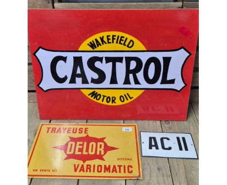 Hand painted Castrol Motor oil sign, Metal Delor sign and enamel metal AC II sign.