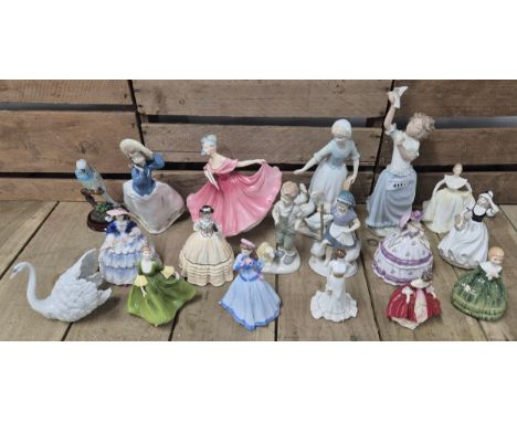 A Collection of porcelain figures and animals; Nao, Coalport and Doulton figures. Box of Cats, Birds, fox and pig figures.