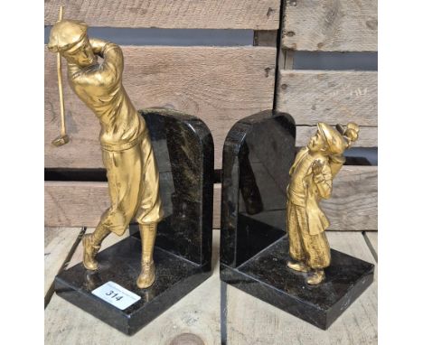 Art Deco Gilt spelter Golfer figure and caddy bookends. Raised on marble bases. Unsigned. [Boy has crack to left leg- see ima