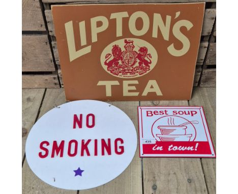 A collection of three enamel vintage signs; Best Soup, Lipton tea & No smoking
