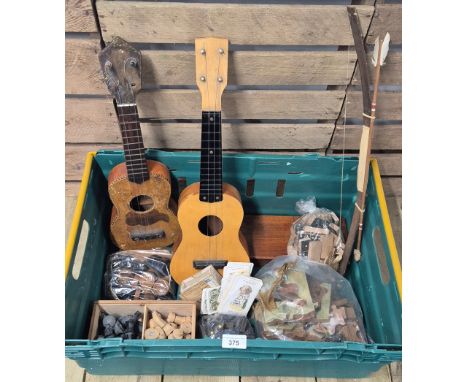 A Collection of Vintage games together with two vintage ukuleles; Wooden Chess set in fitted box, antique puzzle, Domino's &a