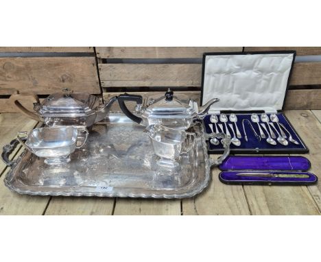 A Collection of Antique Silver plated ware; Double handle serving tray with Presentation to Isabelle black, Silver plated tea