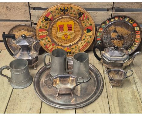 A Crate of silver plate and collectables; Sheffield E.P.N.S Tea service, pewter steins and wooden plaques