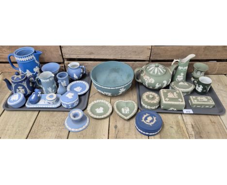 A Large Collection Wedgewood Blue &amp; Green Jasper Ware; Green Jasper Ware tea pot, bowl, Trinkets, Blue Jasperware Jugs, T