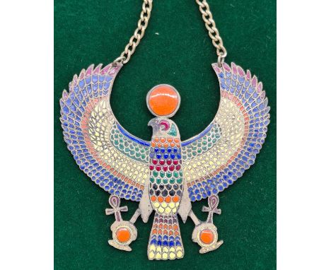 1920's Egyptian Revival White metal and enamel Horus Ankh Falcon pendant and necklace attached. 