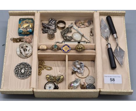Small box of mixed jewellery and military items; 1943 WW2 J Hudson &amp; Co Whistle, Two silver plated and ebony trowels, Sma