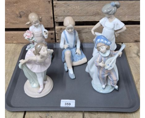 A Tray of Spanish Porcelain Lladro &amp; Nao figures; The Madalin player, ballerina figure, courtesy &amp; others