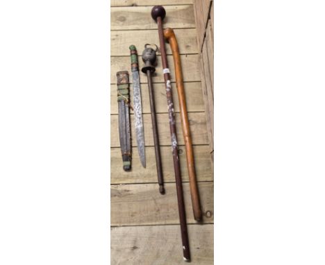 A Lot of four varying clubs and weapons; Knobkerrie club- later shaft fitted, Shillelagh style club, African tribal short swo