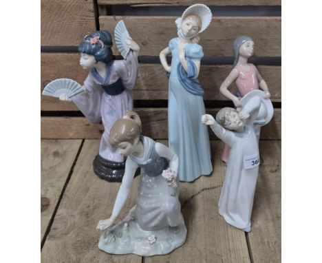 A Tray of Spanish porcelain Lladro figure; Lladro Oriental Fan lady, Bedtime, picking flower &amp; others