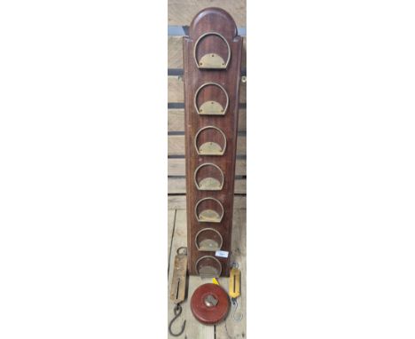 Various odds; Military 50foot Chesterman reel measuring tape, Antique Salter scale, pocket scale and Wall hanging letter hold