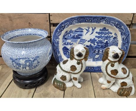 19th century William Adams Chinese panelled planter with hardwood stand together with 19th century blue &amp; white oriental 