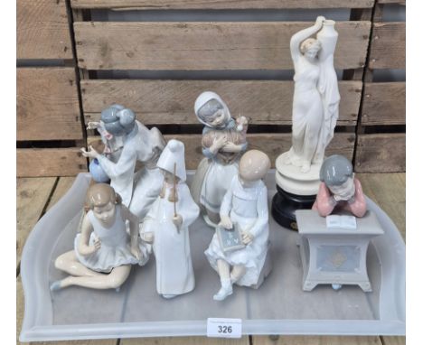 A Tray of Spanish pottery Nao &amp; Lladro figures, Parian ware Venus Greek figure, Nao Figure School boy at desk, ballerina 