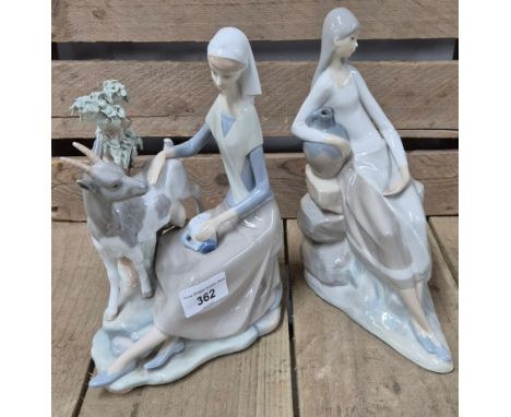 A collection of two Spanish porcelain Lladro &amp; Nao figures; Woman Attending the goat &amp; water carrying lady 