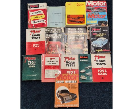 A Crate of vintage car manuals and booklets; Capri Workshop Manual-1968, History of the Motorcar magazines, The Motor Road Te