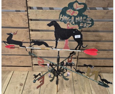 Wrought iron art; Large Weathervane depicting hunting dogs and stag. 