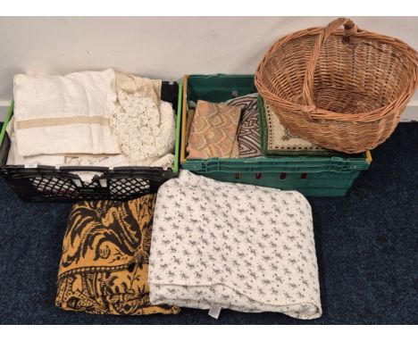 Two Crates of vintage linen &amp; A Collection of vintage Bed throws &amp; pillows. Aztec style bed throw, patch work style t