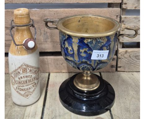 Antique Doulton Lambeth Stoneware paraffin lamp holder and stoneware bottle. 
