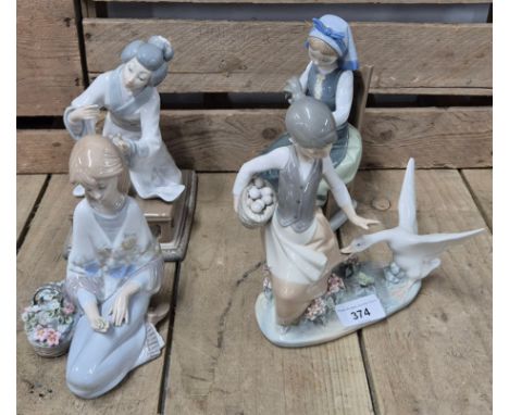 A collection of Four Spanish pottery Nao &amp; Lladro figures; Oriental flowerist figure, Collection flowers,Woman feeding th