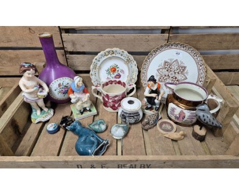 A Tray of collectables; Victorian Sutherland Lustre jug, Victorian panel painted vase, Poole pottery cat figure, pair of Vict