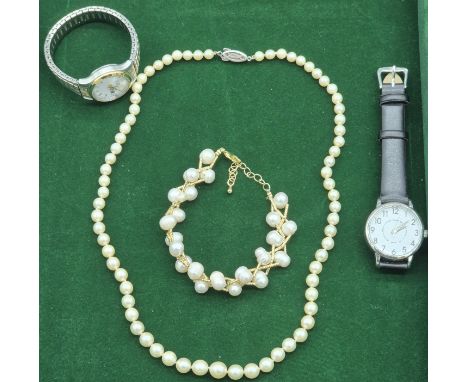 A Selection of jewellery; Citizen Eco- Drive ladies watch, Vintage silver clasp and fresh water pearl necklace, Gilt metal an