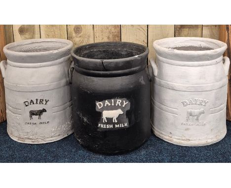 Three Concrete and fibre glass milk churn planters. 