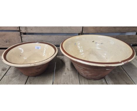 Two antique/ vintage terracotta and enamel painted bowls. [Large bowl- 19cm high, 41cm diameter]