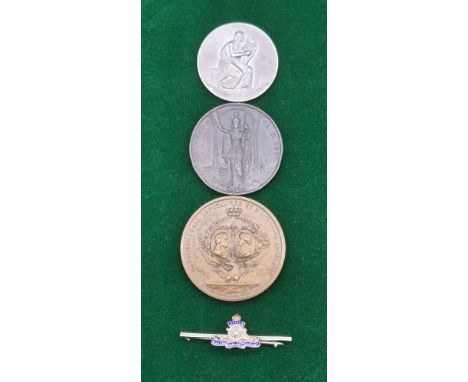 Three various medallions and Silver and enamel light infantry sweetheart brooch. Birmingham silver Kenya Musical Festival 195