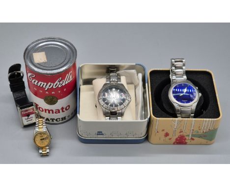Four various watches; Boxed Fossil Blue Gent's wrist watch, Boxed Fossil Big Tic Watch, Ladies Seiko Quartz watch and Campbel