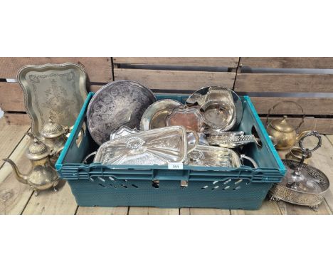 A Crate of Brass &amp; metal ware; Silver plated condiment holder, Brass eastern style tea service &amp; other items