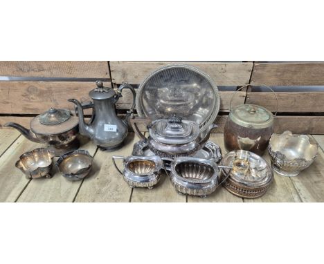 A collection of Silver plated wares;  Three Piece Silver plated tea service, serving tray, wine bottle coaster &amp; other it