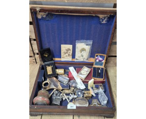 Inlaid Canteen box of interesting collectables; Vintage boxed  lighter, small Indian style metal vase, desk calendar &amp; ot