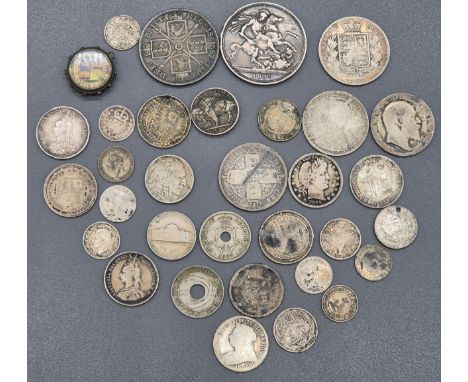 A Collection of silver coins; Victorian 1890 silver crown, 1887 silver and enamel Queen Victoria coin with a silver pendant, 