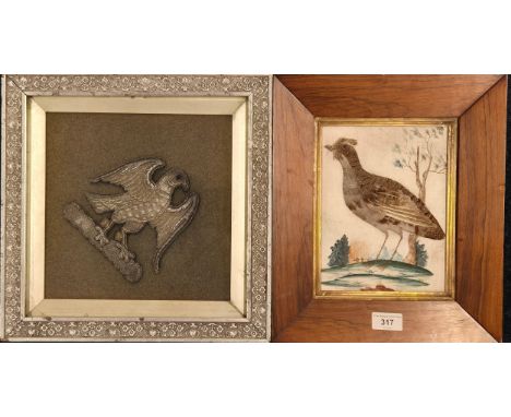 Framed antique silver thread bird insignia patch- possible military. Together with taxidermy bird painting and designed with 